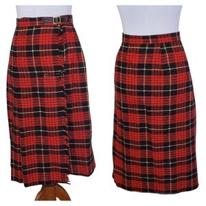 Vintage Red Black Tartan Plaid Skirt with Side Fringe